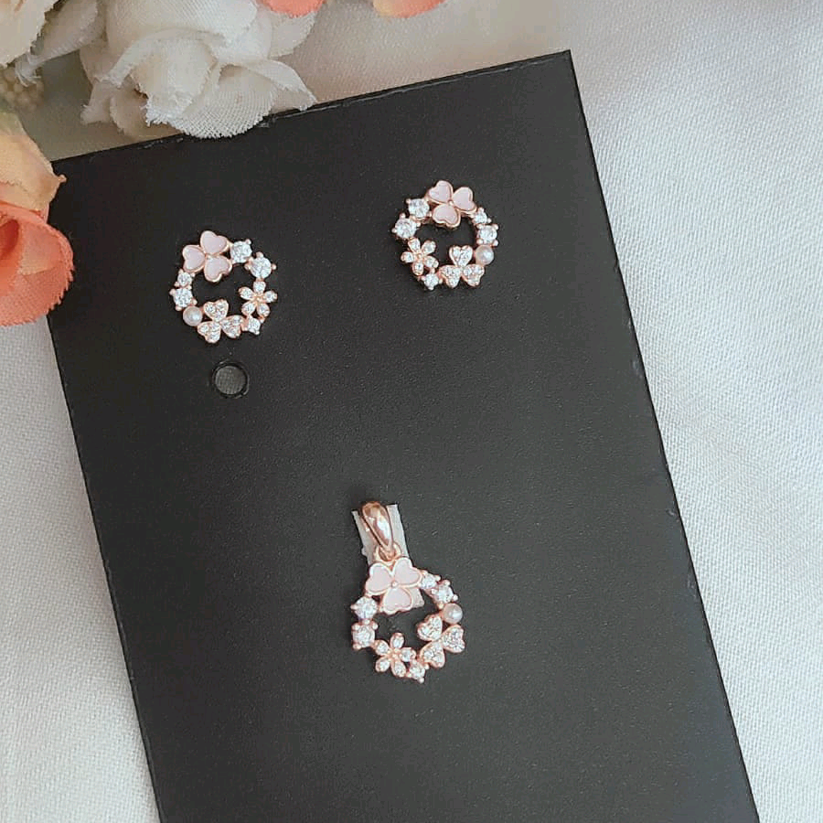 Pink Floral CZ Pendant Set 